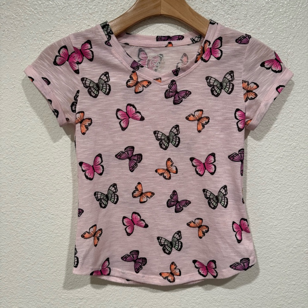 Kids SO Girls Pink Purple Butterfly Print Graphic Short Sleeve T-Shirt M 7/8